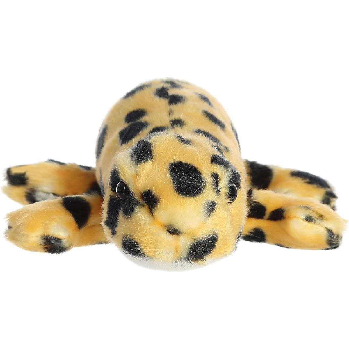 Close-up front view of the Aurora Mini Flopsie gecko plush showing its sweet face, black eyes, and low-profile crawling stance.