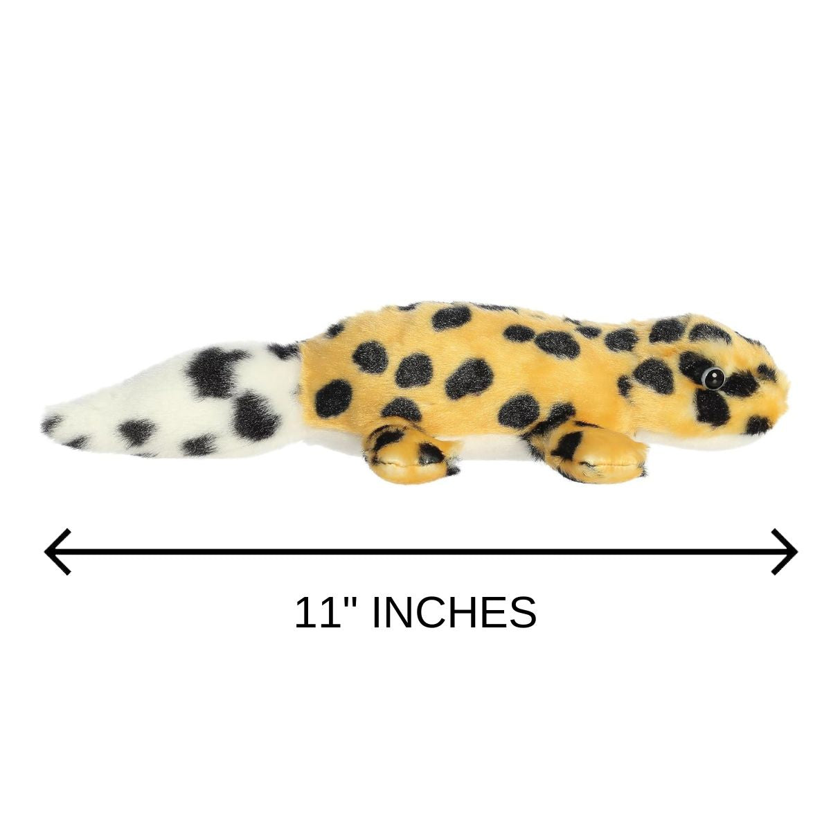 Side profile of the Aurora Zilla gecko plush displaying an 11-inch length indicator graphic underneath.