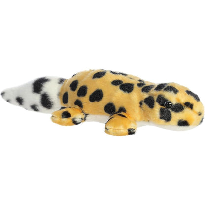 Aurora Mini Flopsie Zilla 11-inch Leopard Gecko plush stuffed lizard showing its spotted yellow body and white tail against a white background.