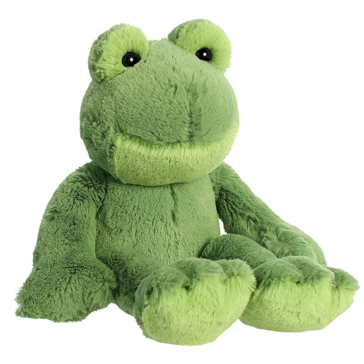 Straight-on front view of the 12-inch Aurora Flopsie Fernando Frog stuffed animal sitting up, showing his light green belly and big eyes.