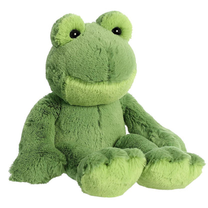 Straight-on front view of the 12-inch Aurora Flopsie Fernando Frog stuffed animal sitting up, showing his light green belly and big eyes.