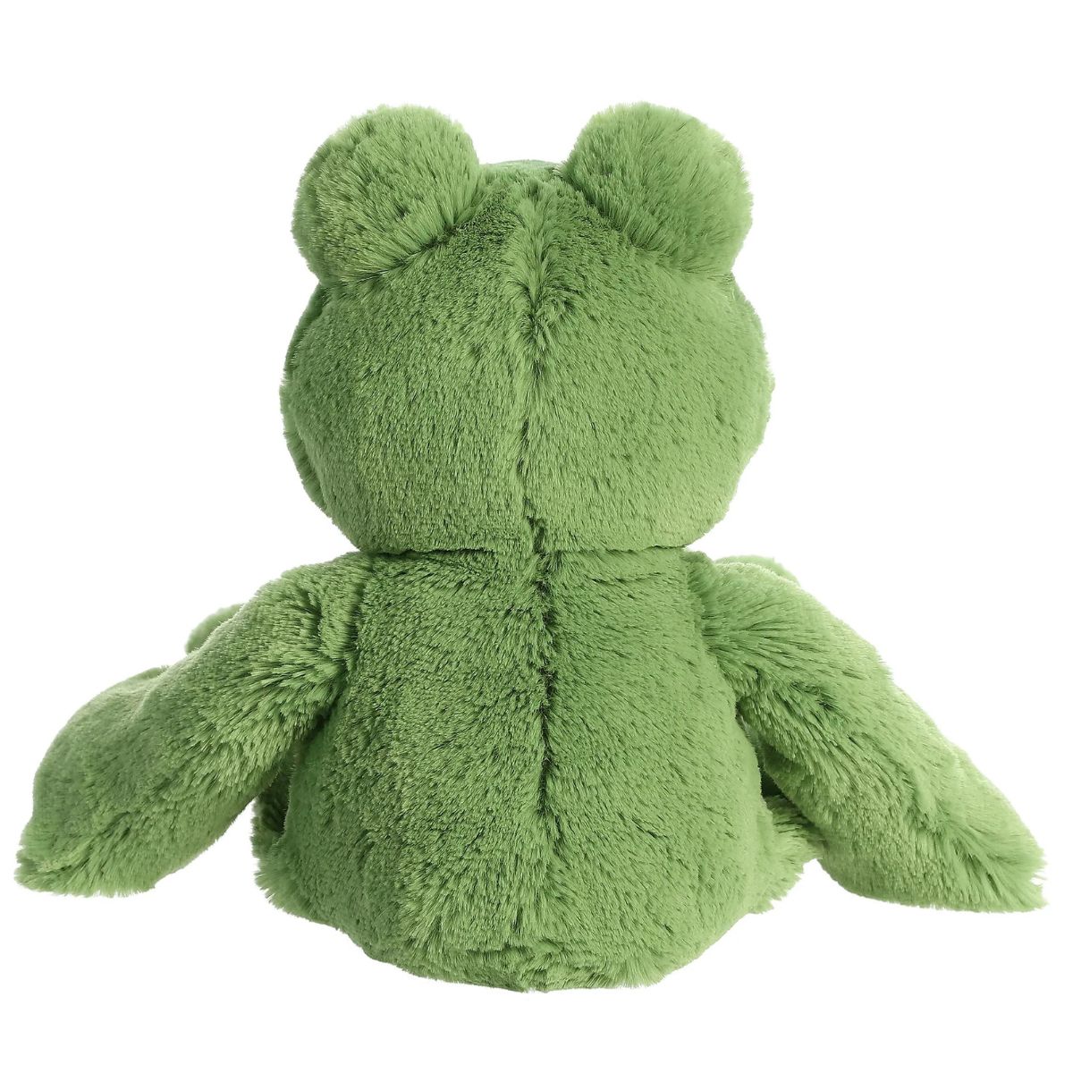 Direct back view of the frog plush highlighting its solid textured green back.