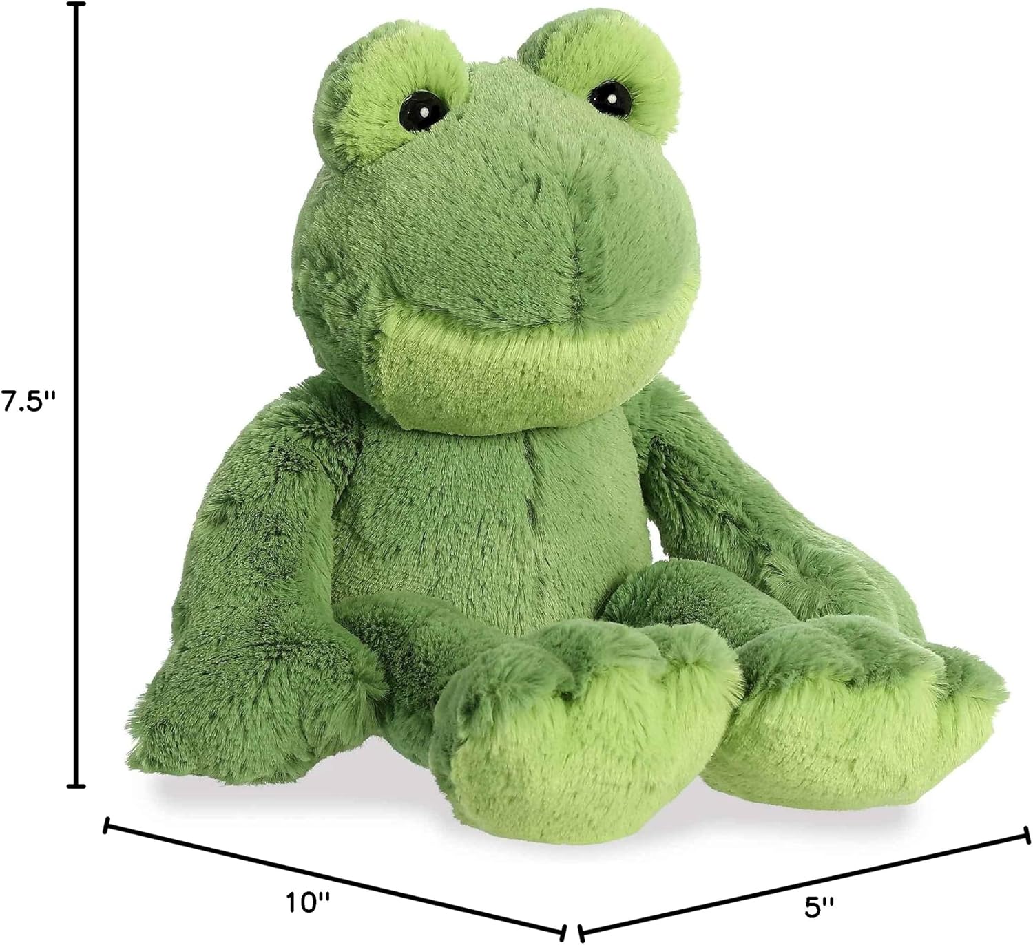 Angled front view of the Fernando Frog plush sitting upright with measurement graphics indicating its overall height, width, and depth.