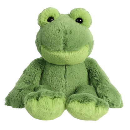 Angled front view of the soft green frog plush resting in a relaxed sitting pose.