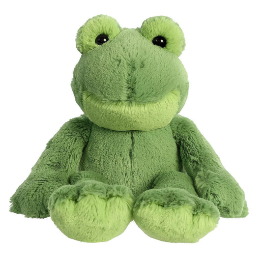 Angled front view of the soft green frog plush resting in a relaxed sitting pose.
