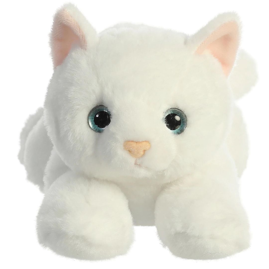 Straight front view of the white cat stuffed animal highlighting its sweet face, blue eyes, and soft pink inner ears.
