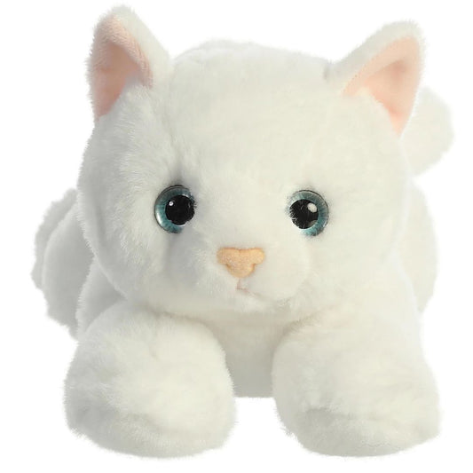 Straight front view of the white cat stuffed animal highlighting its sweet face, blue eyes, and soft pink inner ears.