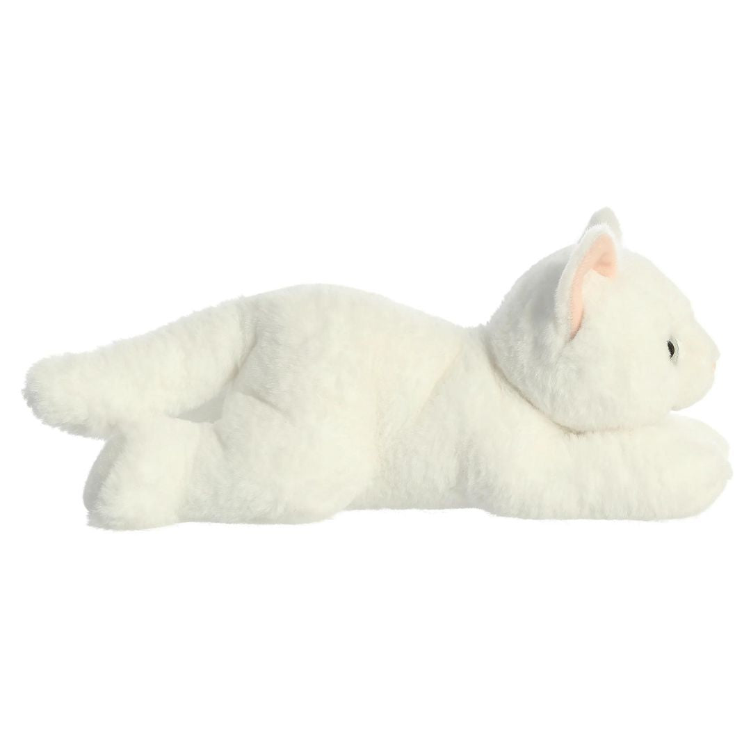 Side profile view of the white kitty plush showing its lounging posture and long, fluffy white tail.