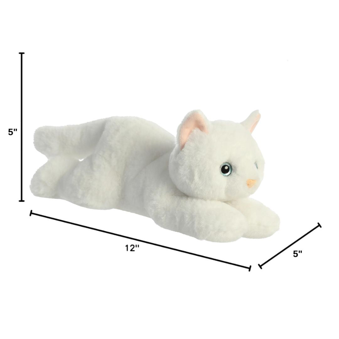 Angled side profile of the Aurora Flopsie white cat plush with dimension lines indicating its 12-inch length.