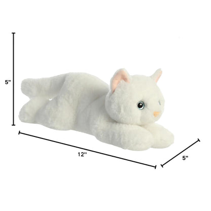 Angled side profile of the Aurora Flopsie white cat plush with dimension lines indicating its 12-inch length.
