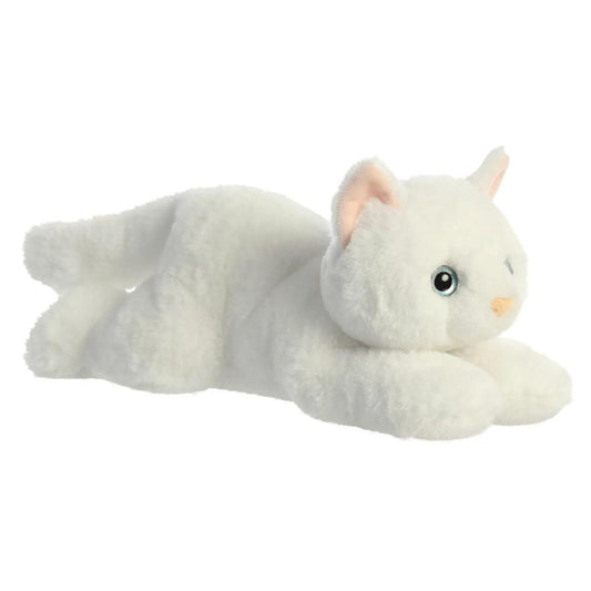 Angled front view of the Aurora Flopsie Precious White Kitty Cat 12-inch plush resting on its belly, featuring pure white fur and blue eyes.