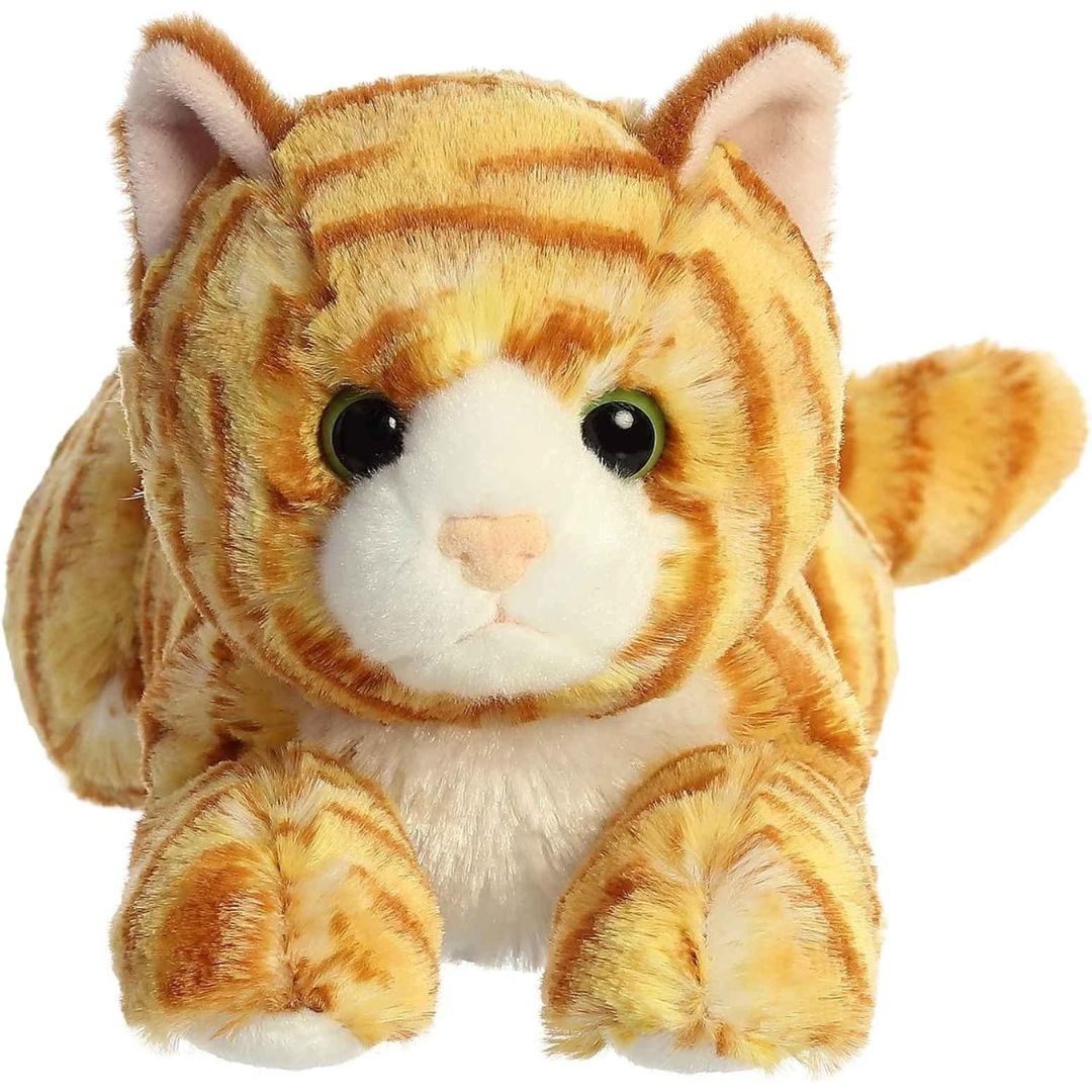 Straight-on front view of the soft orange tabby cat plush showing its white muzzle, pink nose, and dark eyes.