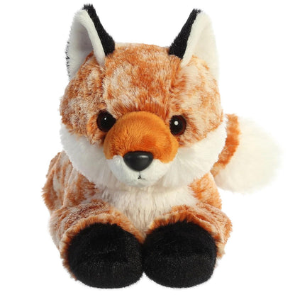 Straight front view of the fox stuffed animal highlighting its sweet face, fluffy white cheeks, black nose, and black-backed ears.