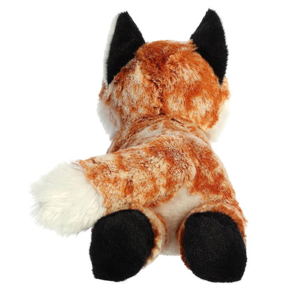 Rear view of the Autumn Fox plush showing its mottled back, bushy tail, and soft black back paws.