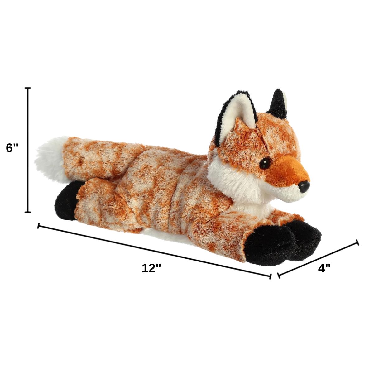 Angled side profile of the Aurora Flopsie fox plush with dimension lines indicating its 12-inch length.