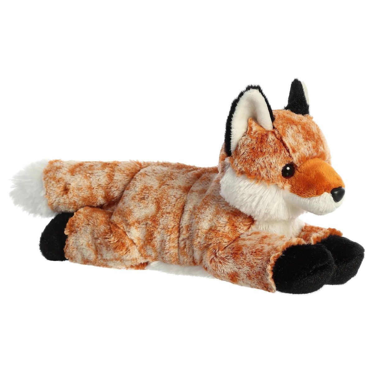 Angled front view of the Aurora Flopsie Autumn Fox 12-inch plush resting on its belly, featuring mottled orange-brown fur and soft black paws.