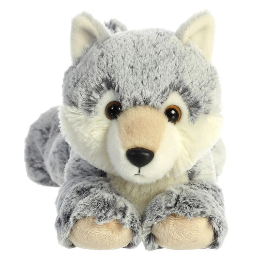 Straight front view of the wolf stuffed animal highlighting its sweet face, dark eyes, black nose, and floppy front paws.