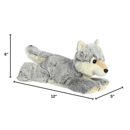 Angled side profile of the Aurora Flopsie wolf plush with dimension lines indicating its 12-inch length.
