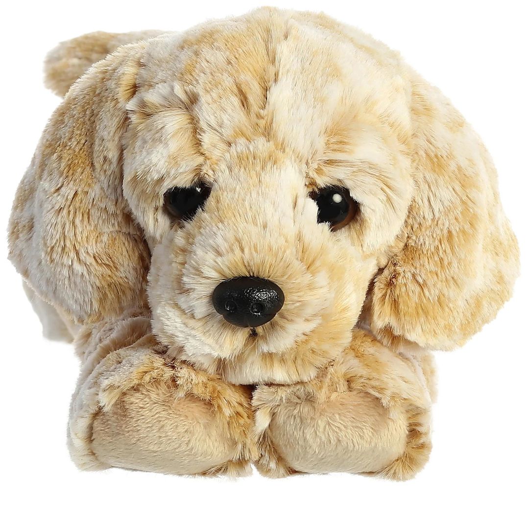 Straight front view of the Golden Retriever dog stuffed animal highlighting its sweet face, black nose, and soulful dark eyes.