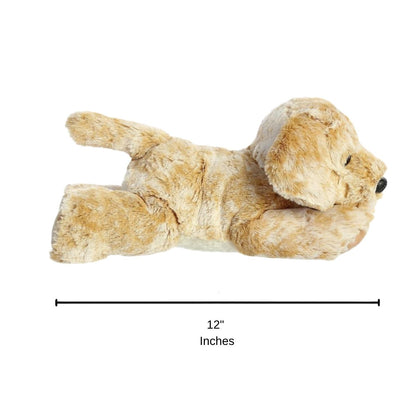 Side profile of the Aurora Flopsie Golden Retriever dog plush with a dimension line indicating its 12-inch length.
