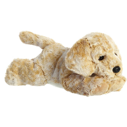 Angled side view of the Aurora Flopsie Rusty Retriever 12-inch plush resting on its belly, featuring soft golden-tan fur and floppy ears.