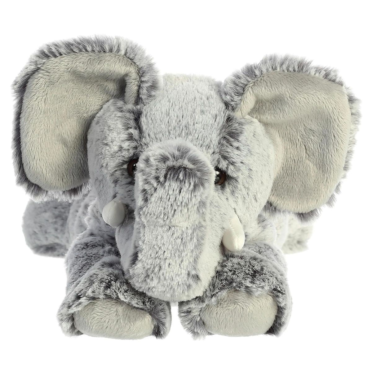 Straight front view of the elephant stuffed animal highlighting its sweet face, large floppy ears, dark eyes, and soft white tusks.