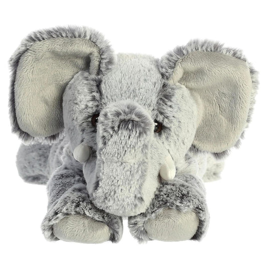 Straight front view of the elephant stuffed animal highlighting its sweet face, large floppy ears, dark eyes, and soft white tusks.
