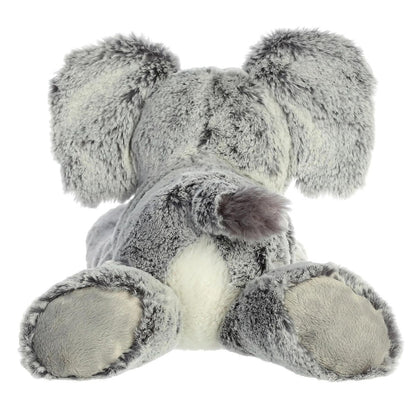 Rear view of the Leroy Elephant plush showing its gray back, small tail, and lighter gray paw pads on its back feet.