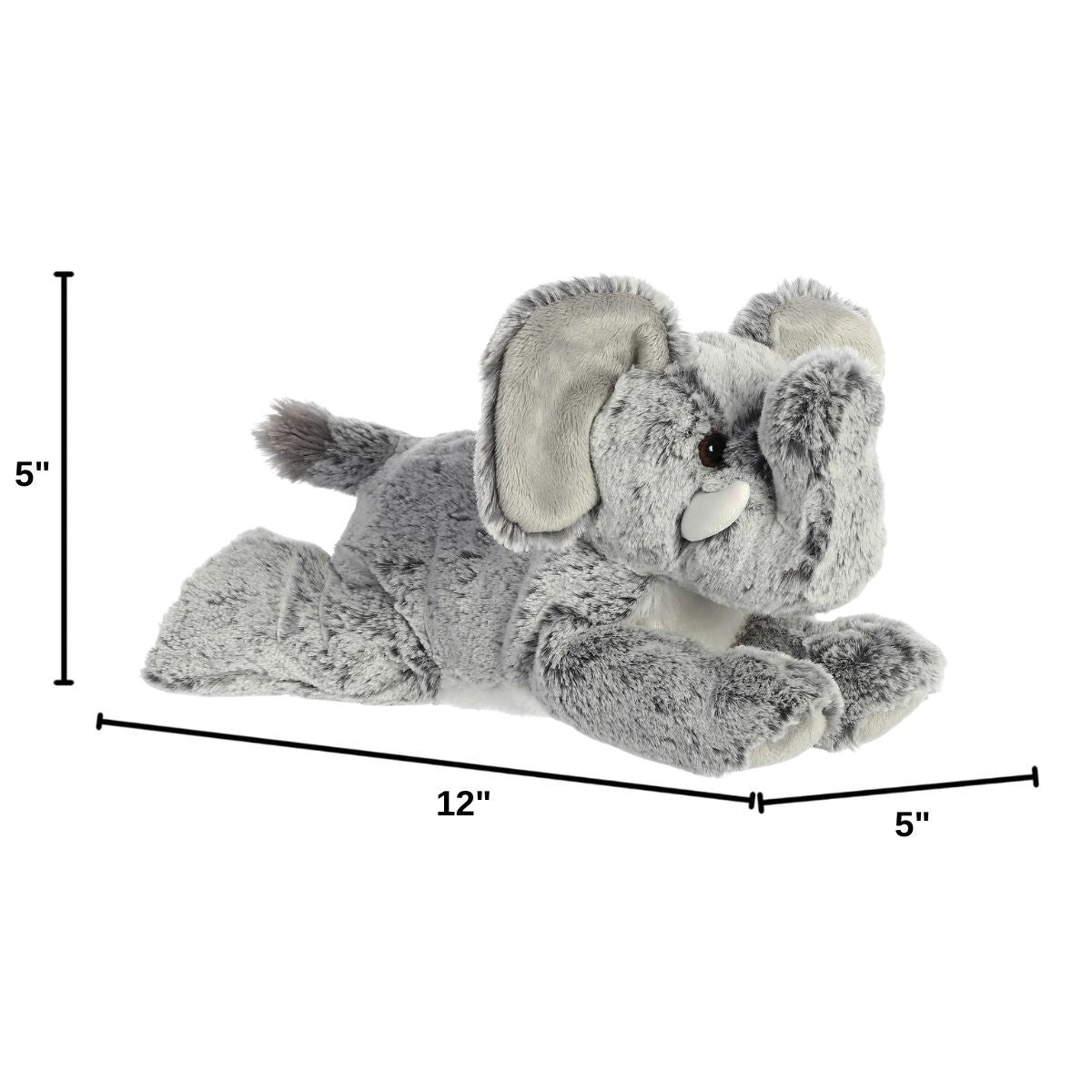 Angled side profile of the Aurora Flopsie elephant plush with dimension lines indicating its 12-inch length.