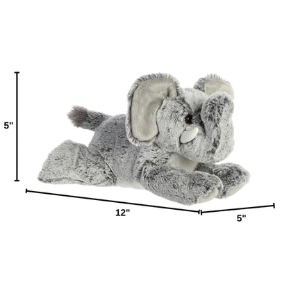 Angled side profile of the Aurora Flopsie elephant plush with dimension lines indicating its 12-inch length.