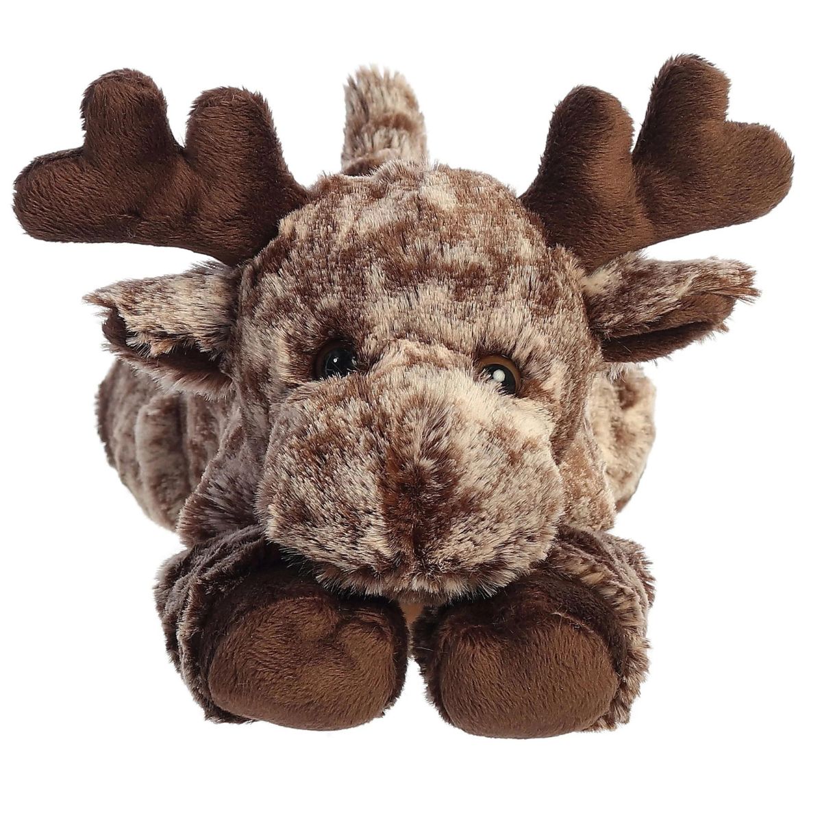 Straight front view of the moose stuffed animal highlighting its sweet face, dark brown antlers, and floppy front hooves.