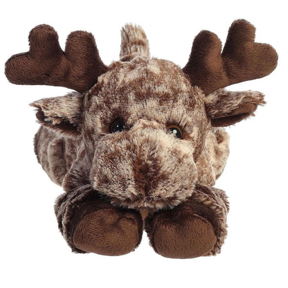 Straight front view of the moose stuffed animal highlighting its sweet face, dark brown antlers, and floppy front hooves.