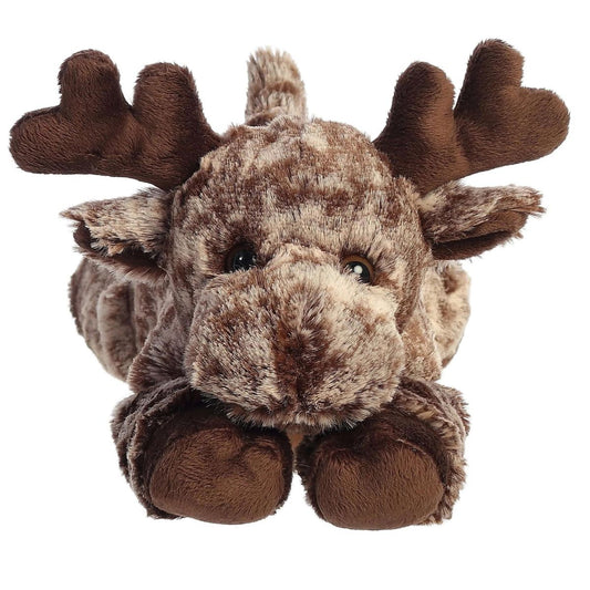 Straight front view of the moose stuffed animal highlighting its sweet face, dark brown antlers, and floppy front hooves.