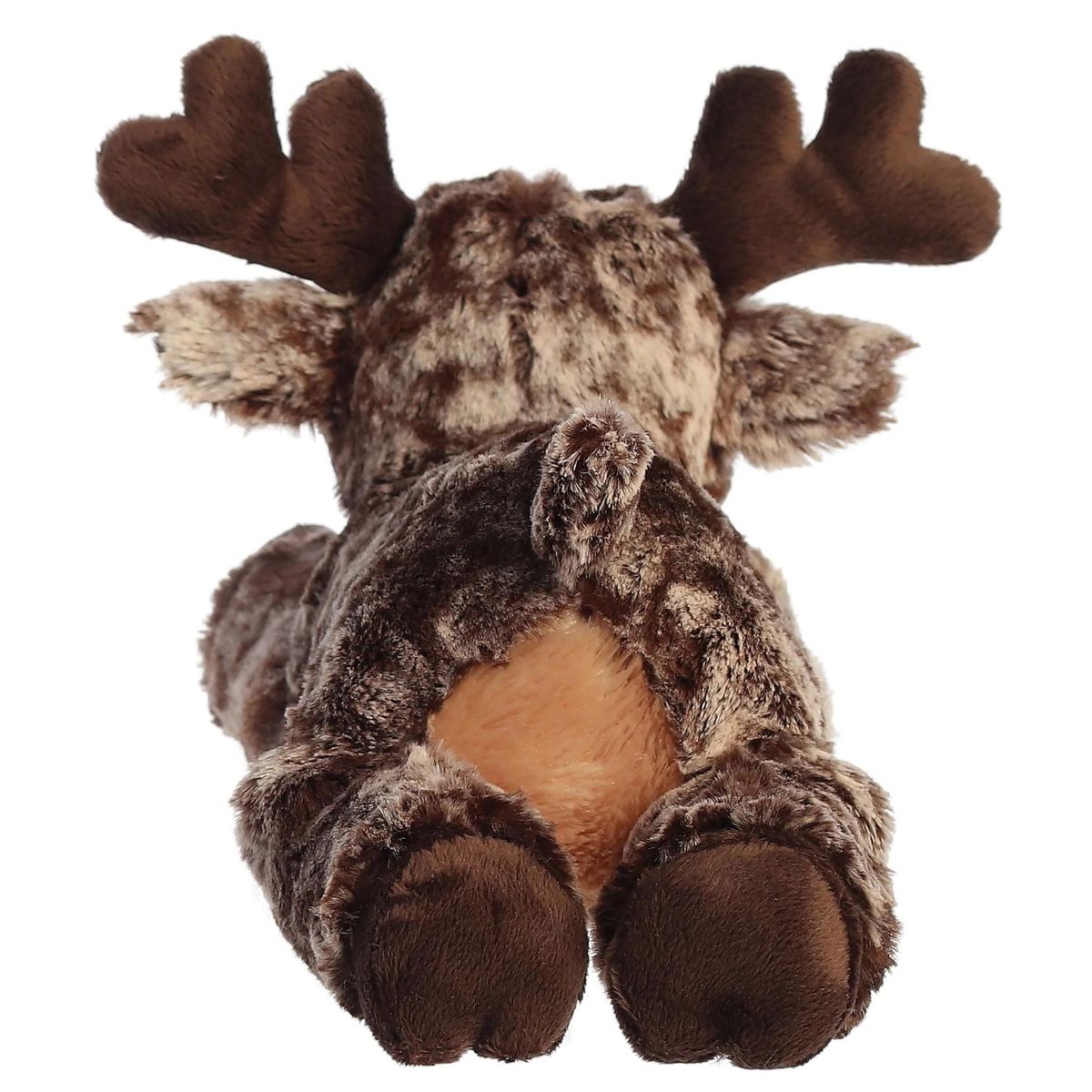 Angled bottom view of the Maia Moose plush showing its lighter tan underbelly and dark brown hooves.