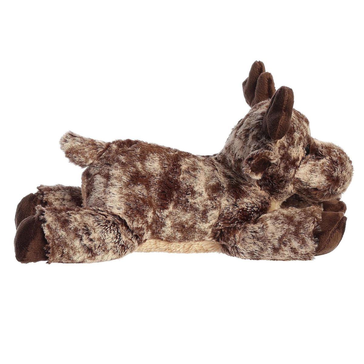 Side profile view of the brown moose plush showing its lounging posture, small tail, and rustic coloring.