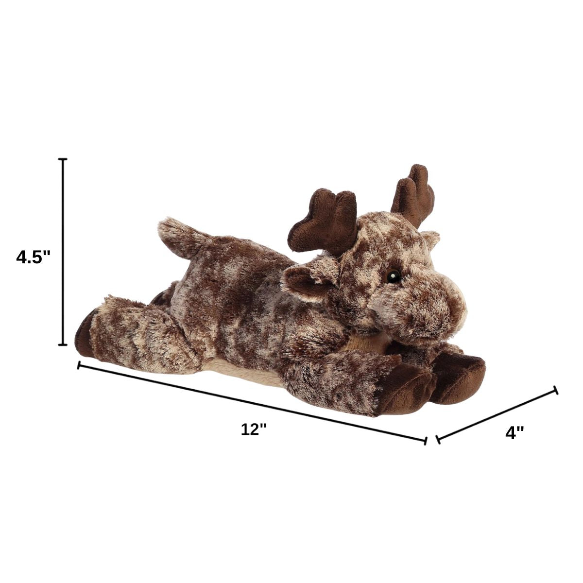 Angled side profile of the Aurora Flopsie moose plush with dimension lines indicating its 12-inch length.