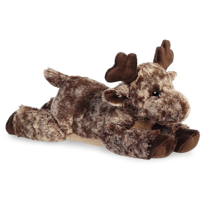Angled front view of the Aurora Flopsie Maia Moose 12-inch plush resting on its belly, featuring mottled brown fur and soft dark antlers.