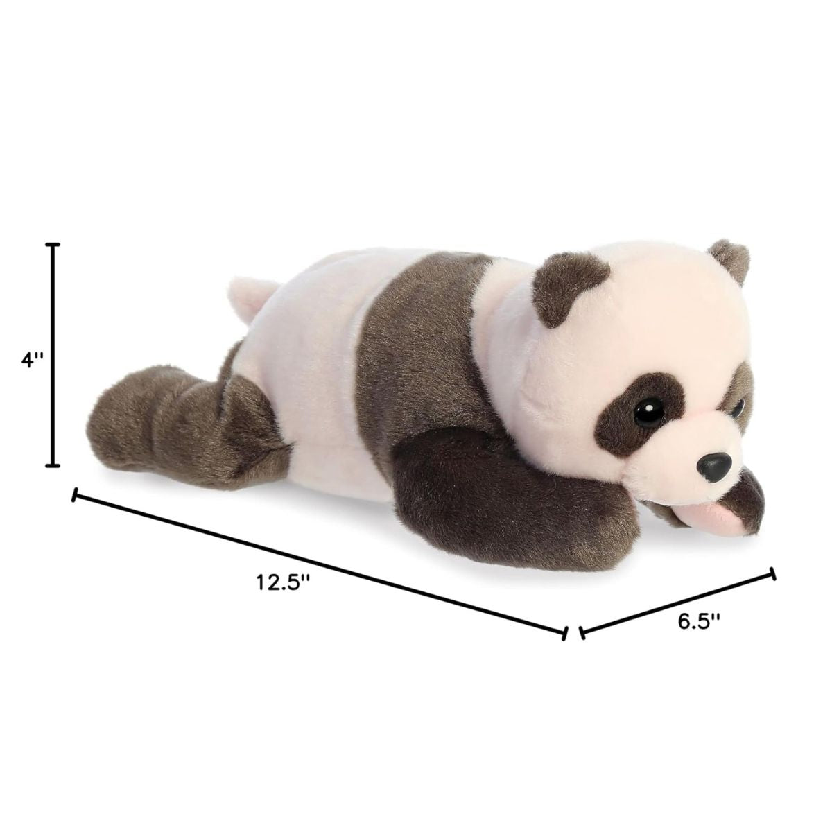 Angled side profile of the Aurora Flopsie panda plush with dimension lines indicating its 12-inch length.