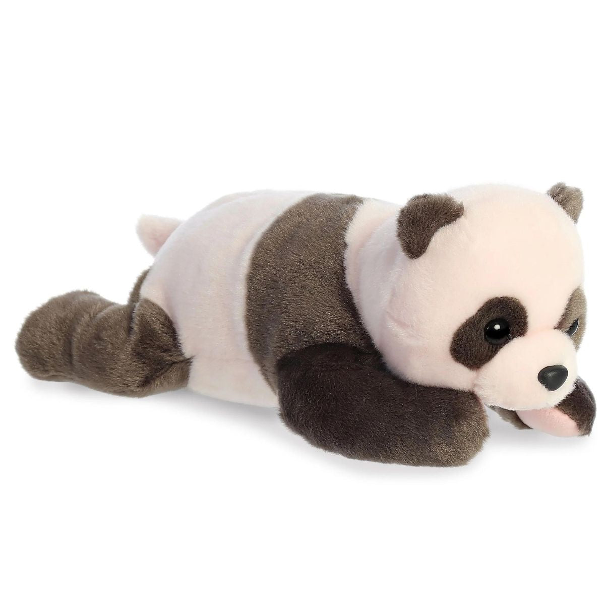 Angled front view of the Aurora Flopsie Newborn Panda Bear 12-inch plush resting on its belly, featuring soft black and white fur and pink paw accents.
