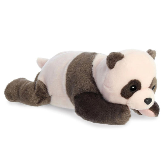 Angled front view of the Aurora Flopsie Newborn Panda Bear 12-inch plush resting on its belly, featuring soft black and white fur and pink paw accents.