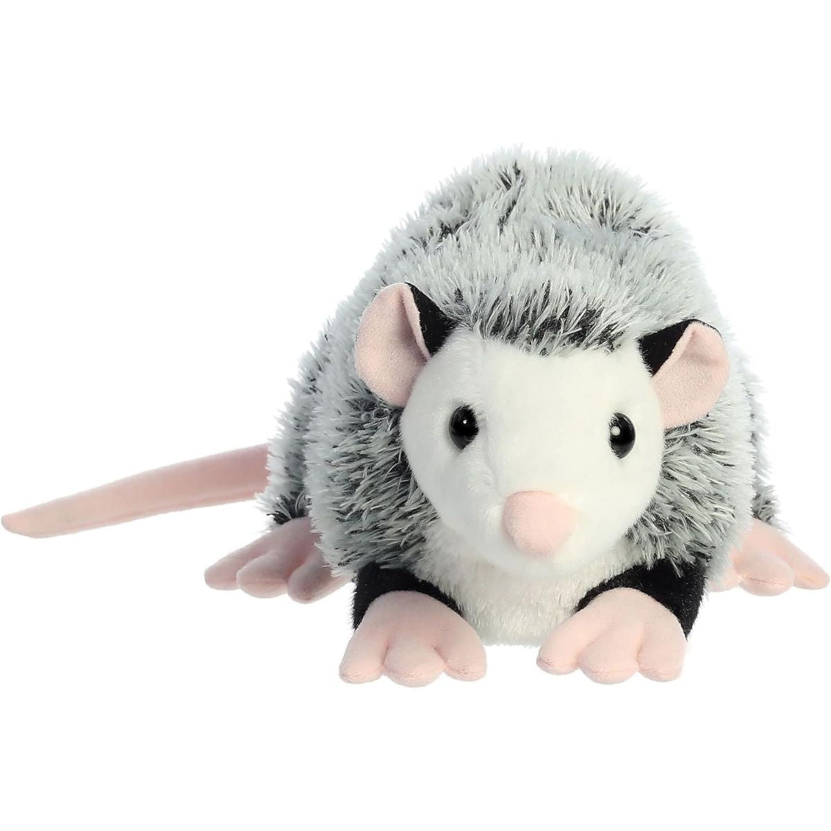 Straight front view of the Ozzie Opossum stuffed animal highlighting its white face, pink nose, and black-and-pink ears.