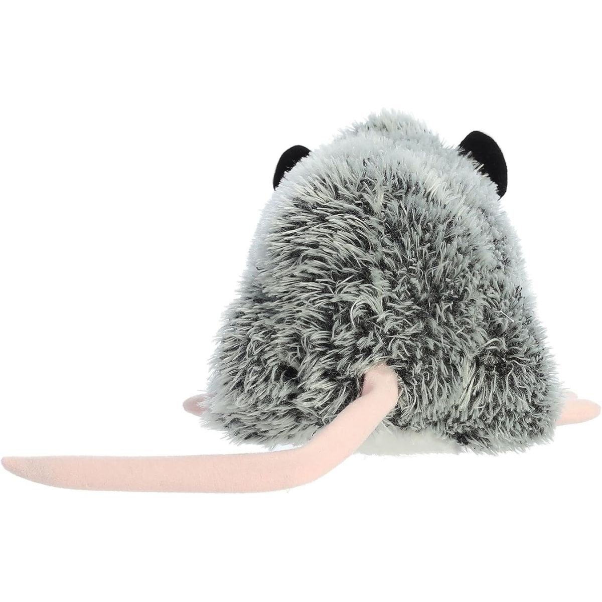 Rear view of the Ozzie Opossum plush showing its textured grey fur back and the base of its pink tail.