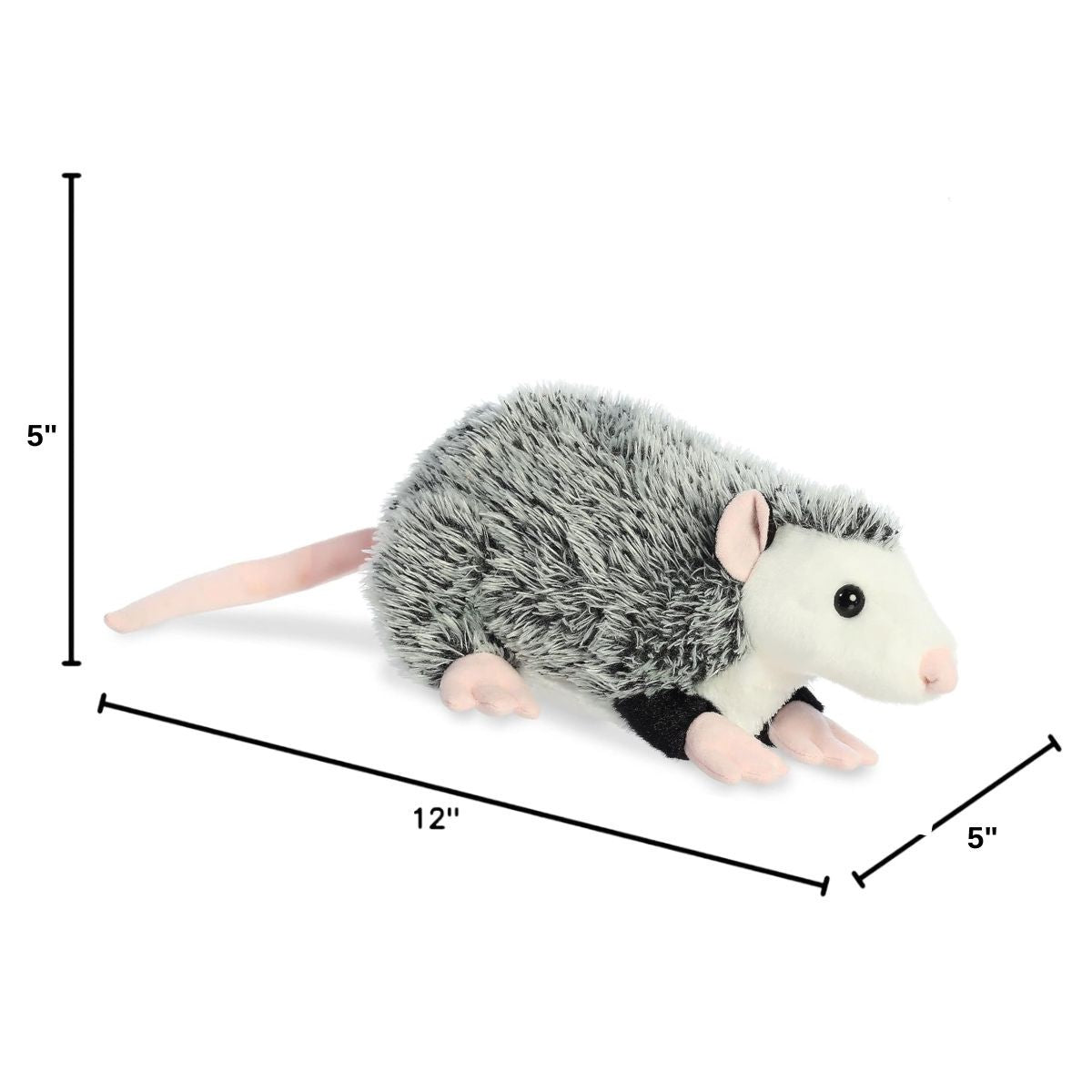 Angled side profile of the Aurora Flopsie opossum plush with dimension lines indicating its 12-inch length.