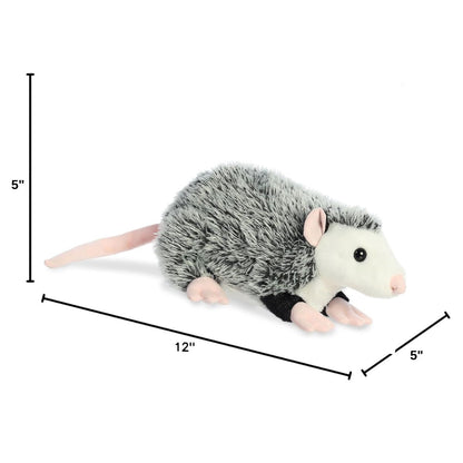Angled side profile of the Aurora Flopsie opossum plush with dimension lines indicating its 12-inch length.