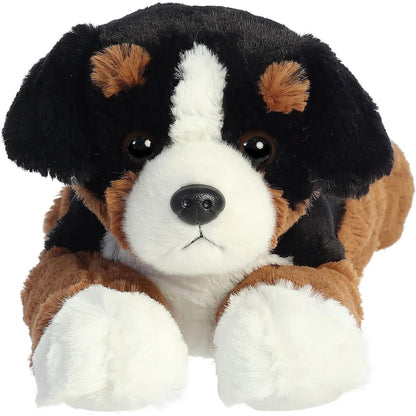 Straight-on front view of the soft Bernese Mountain Dog plush showing his white muzzle, brown eyebrows, and dark eyes.
