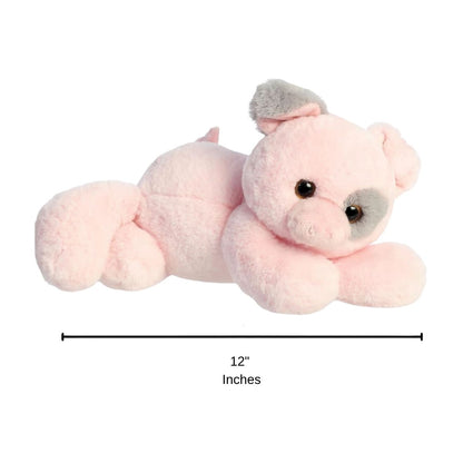 Side view of the Aurora Flopsie pig plush resting on its belly with a dimension line indicating its 12-inch length.