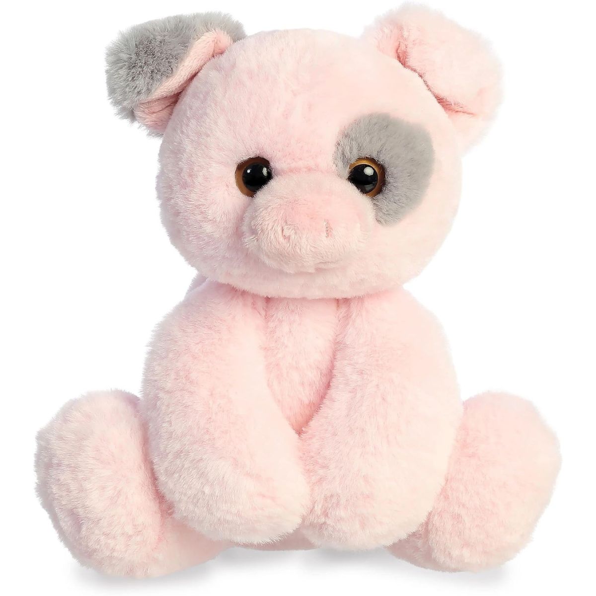 Straight-on front view of the Aurora Flopsie Parsley Piglet 12-inch plush sitting upright, featuring pink fur with a grey eye patch.