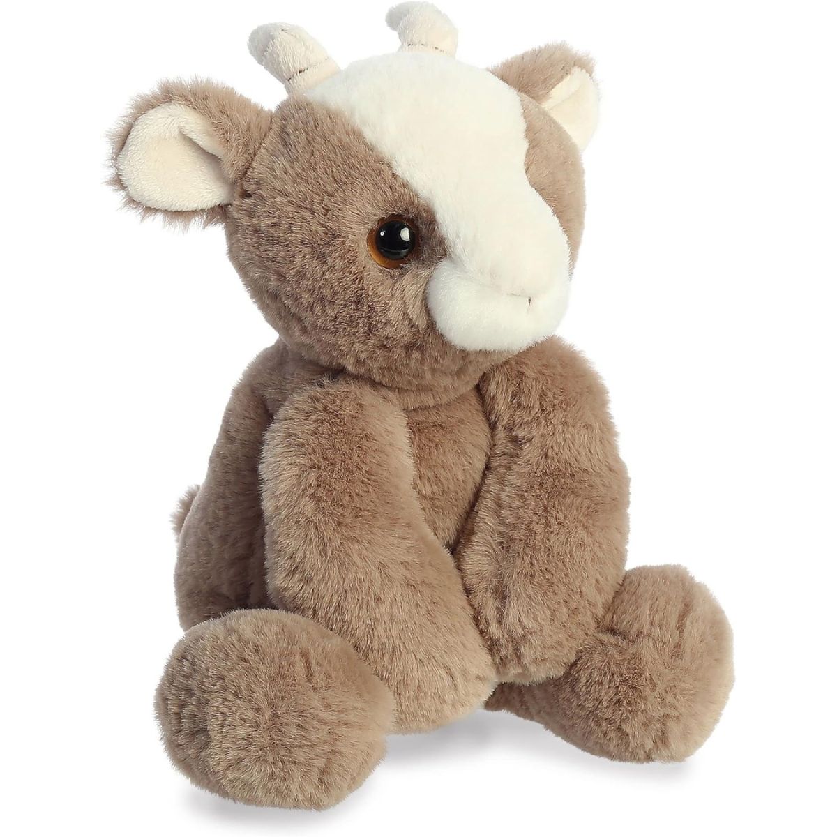 Angled front view of the goat stuffed animal highlighting its sweet face, small horns, and soft sitting posture.