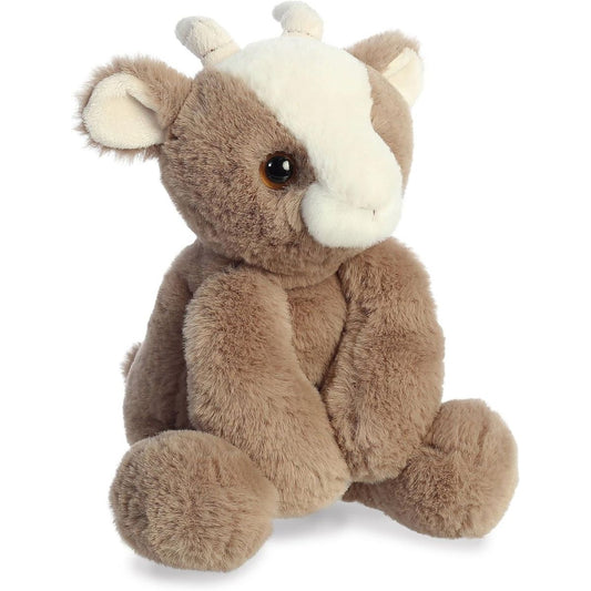 Angled front view of the goat stuffed animal highlighting its sweet face, small horns, and soft sitting posture.