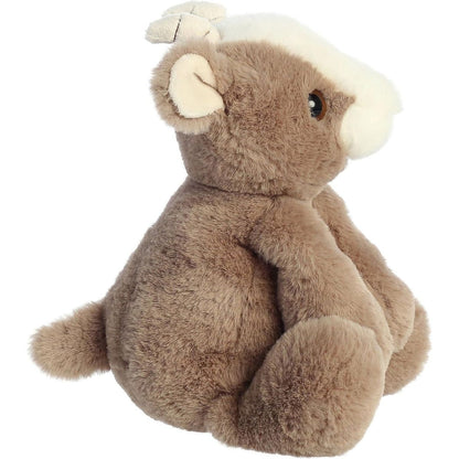 Side view of the Gemini Goat plush showing its soft brown profile and floppy bean-filled body.